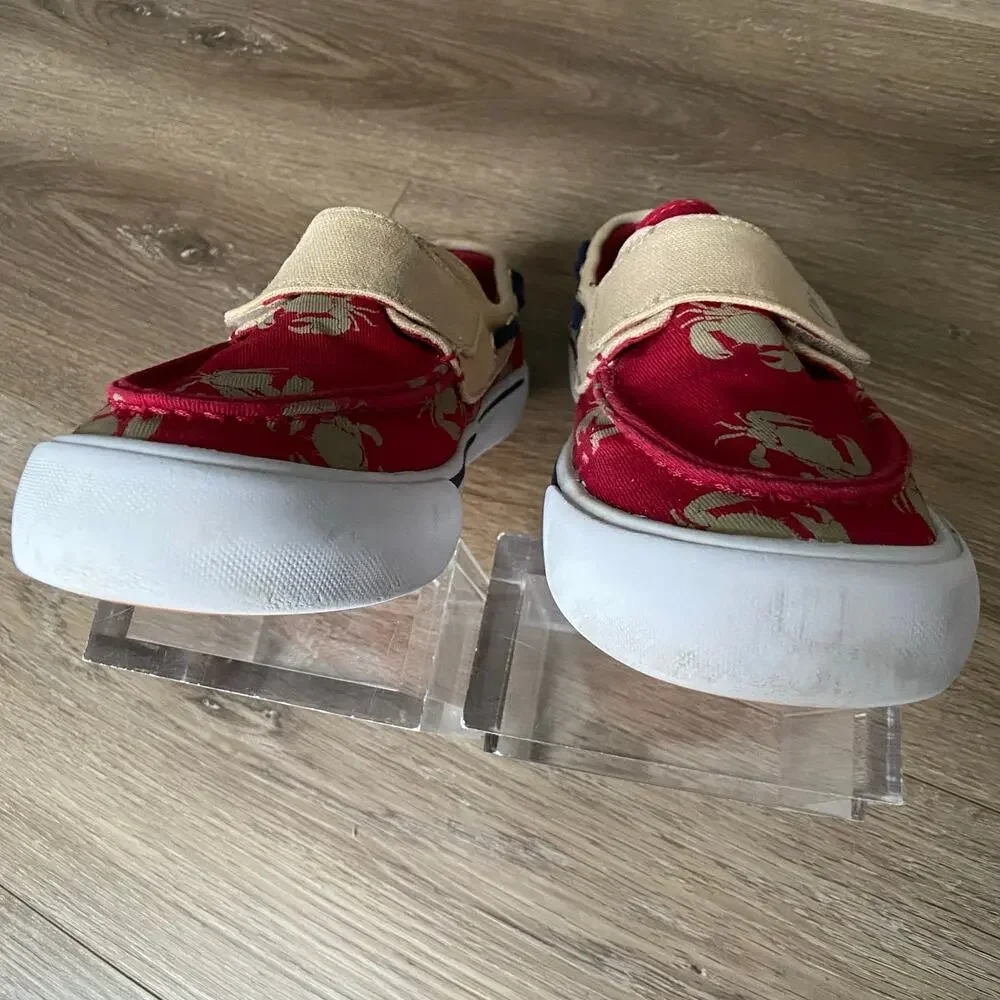 Lands End Canvas Boat Shoes Boy Sz 2 Red Tan Crab Strapped